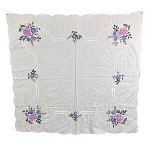 Vintage Embroidered Linen Blend Tablecloth Square Scalloped Edges Cottagecore
